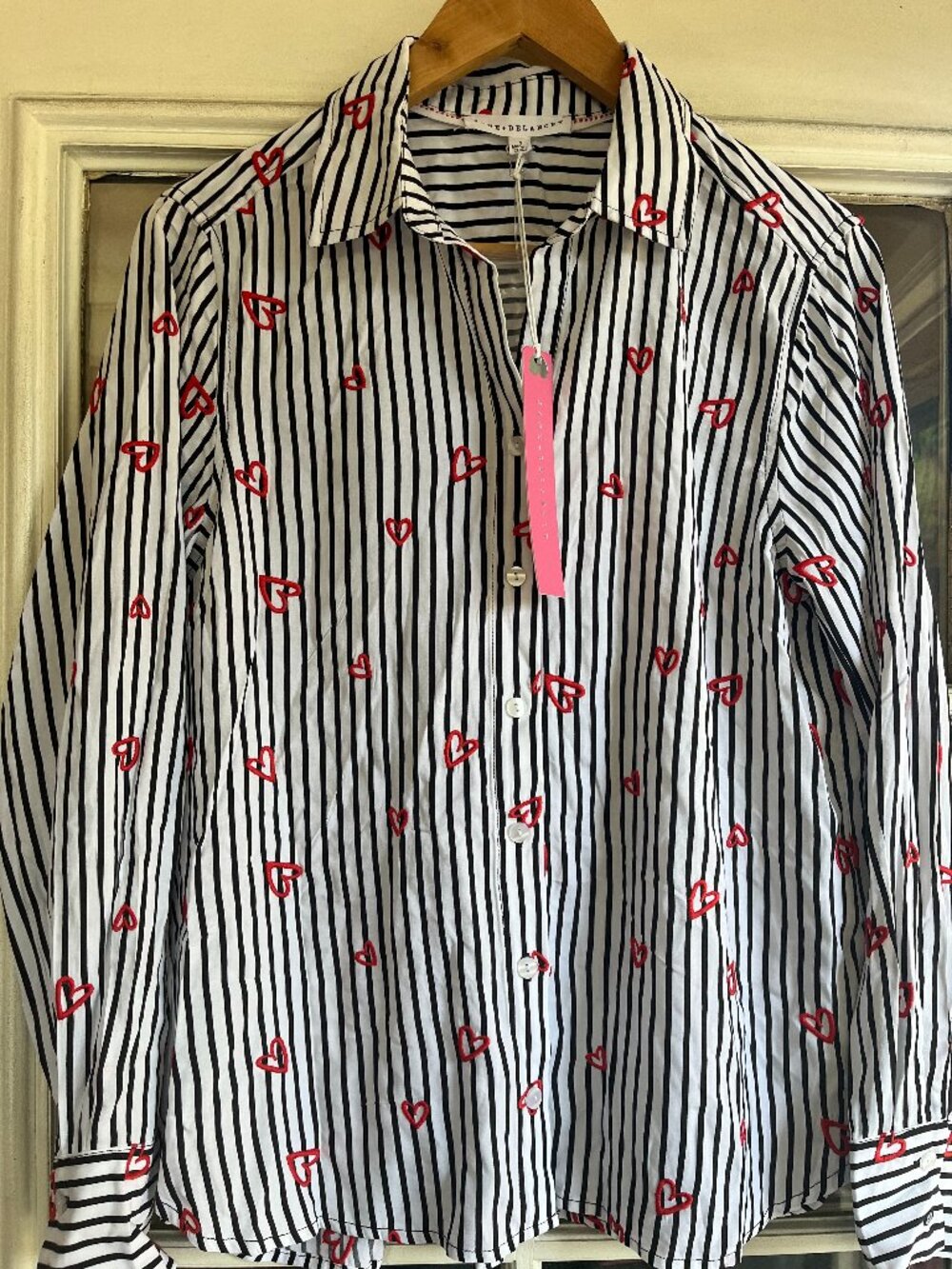 Jane  and Delancey long sleeve button up heart black/white strip Small